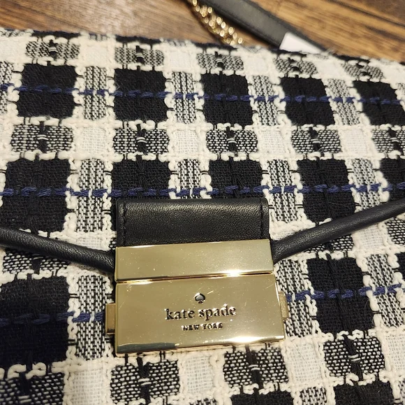NWT Kate Spade Black, White, Blue Carey Checked Tweed Medium Shoulder Bag Chain - Picture 7 of 15